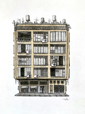 טל שטח - ׳׳דרום תל אביב׳׳ 2020. דיו ואקוורל על נייר ממוסגר 
27/21 ס׳׳מ 
חתום 
קוקו 