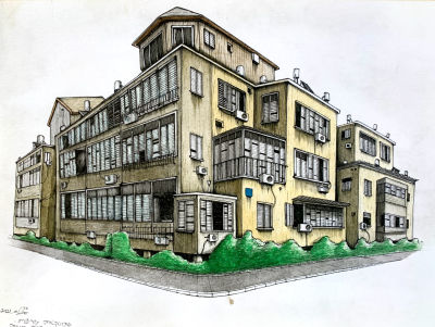 טל שטח - ׳׳הרב דסטר, בני ברק׳׳ 2021. דיו ואקוורל על נייר ממוסגר 
30/21 ס׳׳מ 
חתום 
קוקו 