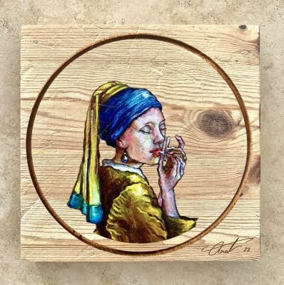 ענת זהבי - ''Girl Weed pearl Earring'' . הדפס על עץ 
14/14 ס׳׳מ 
חתום (מלפנים בהדפסה, מאחור חתימה 
