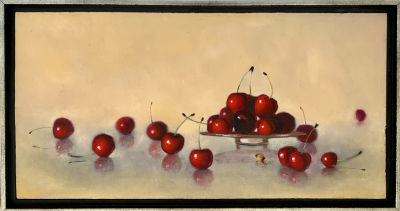 רוני יפה - ׳׳דובדבנים במרחב׳׳ 2023. שמן על עץ ממוסגר 
40/20 ס׳׳מ 
חתום 
רוני יפה (1985), חיה ויוצרת 