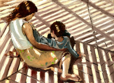 נורית ארבל - ׳׳פעם היה לי ילד קטן׳׳ 2023. פורטרט אחורי של האמנית עם בנה (שהיום כבר גדול) 
שמן על 