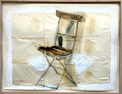 יגאל עוזרי - מסדרת הכסא הריק, 1992. שמן ופחם על נייר פרגמנט מוצמד לקרטון ממוסגר
75/100 ס׳׳מ
חתום