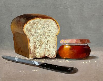 רוני יפה - ׳׳לחם עם ריבה׳׳ 2025. ארוחת הבוקר או הנשנוש הביתי הופך לנושא מרכזי. 
שמן על עץ 