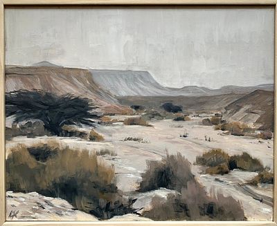 ליזה קריג - ׳׳הואדי עם אובך׳׳ 2025. רואים את נחל צופר מהצוק של צוקים. 
הציור מצויר בפלטת "צורן" 