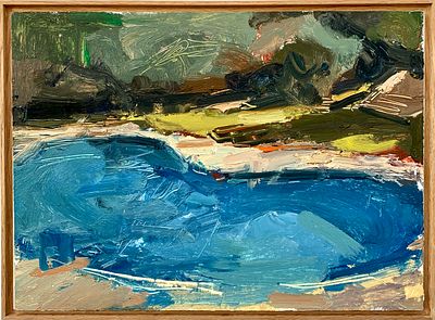 מיכל שיזף - ׳׳הבריכה של רותי בקיסריה׳׳ 2019. הפער בין הכותרת הקונקרטית לבין הציור החופשי מטעין את 