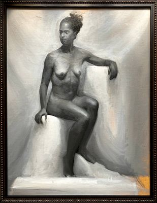 אביה חלבי - ׳׳מלנה׳׳ 2025. אביה חלבי מציבה את המודל כדימוי נצחי – כמעט פיסולי 
שמן על בד ממוסגר 