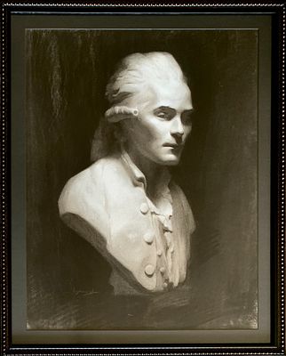 אביה חלבי - ׳׳רובספייר׳׳ 2025. רישום פחם בהשראת הקסט הקלאסי של מהפכן צרפתי מהבולטים בדמותו של 