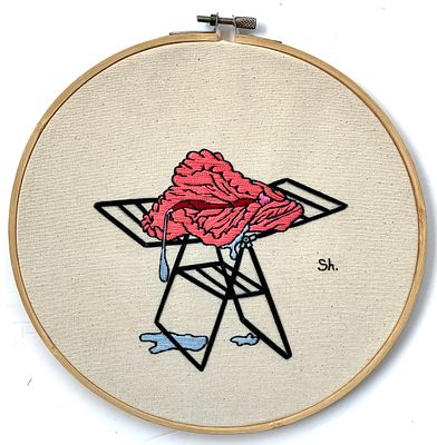 סווטה שלסט - ''Just a vag in the sun''. רקמה ידנית על בד ממוסגרת 
קוטר 24 ס׳׳מ 
חתומה ברקמה מקדימה 