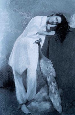 שקד ליאור - פורטרט עצמי עם טווס, 2025. פחם וגיר לבן על נייר ממוסגר 
50/33 ס׳׳מ 
חתום 
לראשונה 