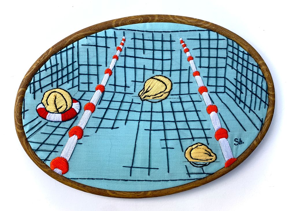 Sveta Shellest - ''Swimming Pool'' 2025. Hand embroidery on cloth framed in round wood 
25/17 cm 