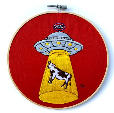 סווטה שלסט - ׳׳תאורית הקונספירציה׳׳ 2025. רקמה ידנית על בד ממוסגרת 
קוטר 20 ס׳׳מ 
חתומה ברקמה 