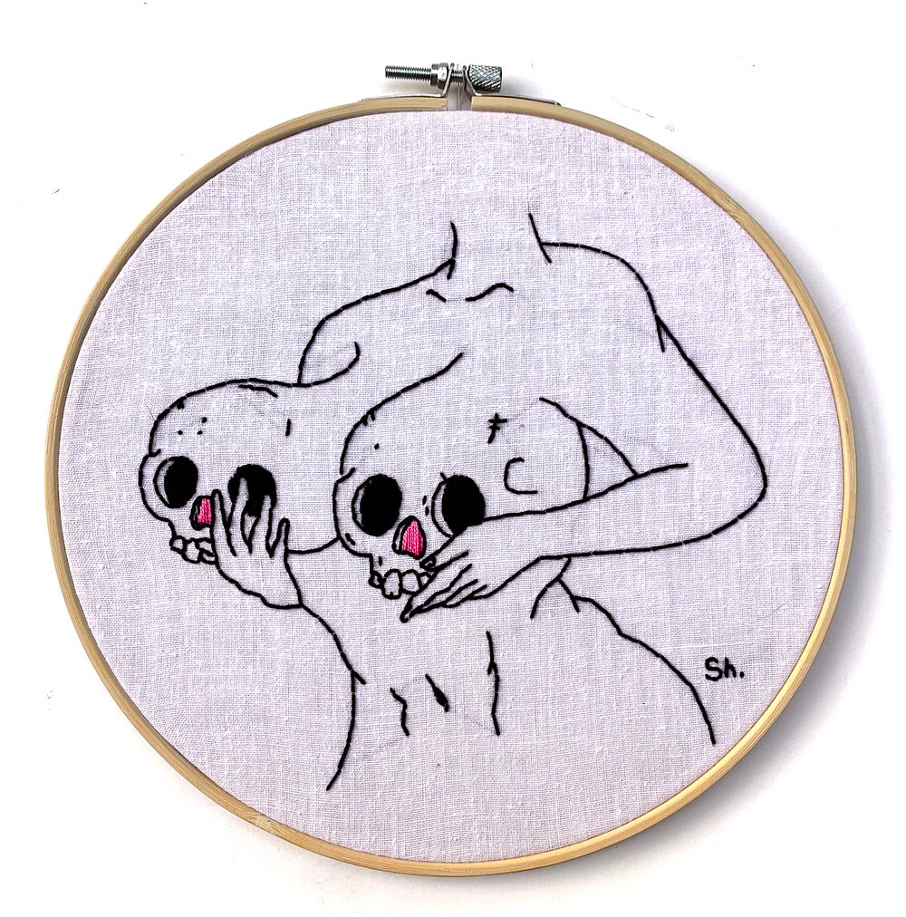 Sveta Shellest - ''Nude'' (Halloween Series) 2025. Hand embroidery on cloth framed in round wood 