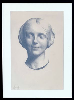 אביה חלבי - ׳׳מסכת המוות׳׳ 2024. רישום עדין ומרשים של האמנית הצעירה- 
הדיוקן מציג דמות ברגע של 