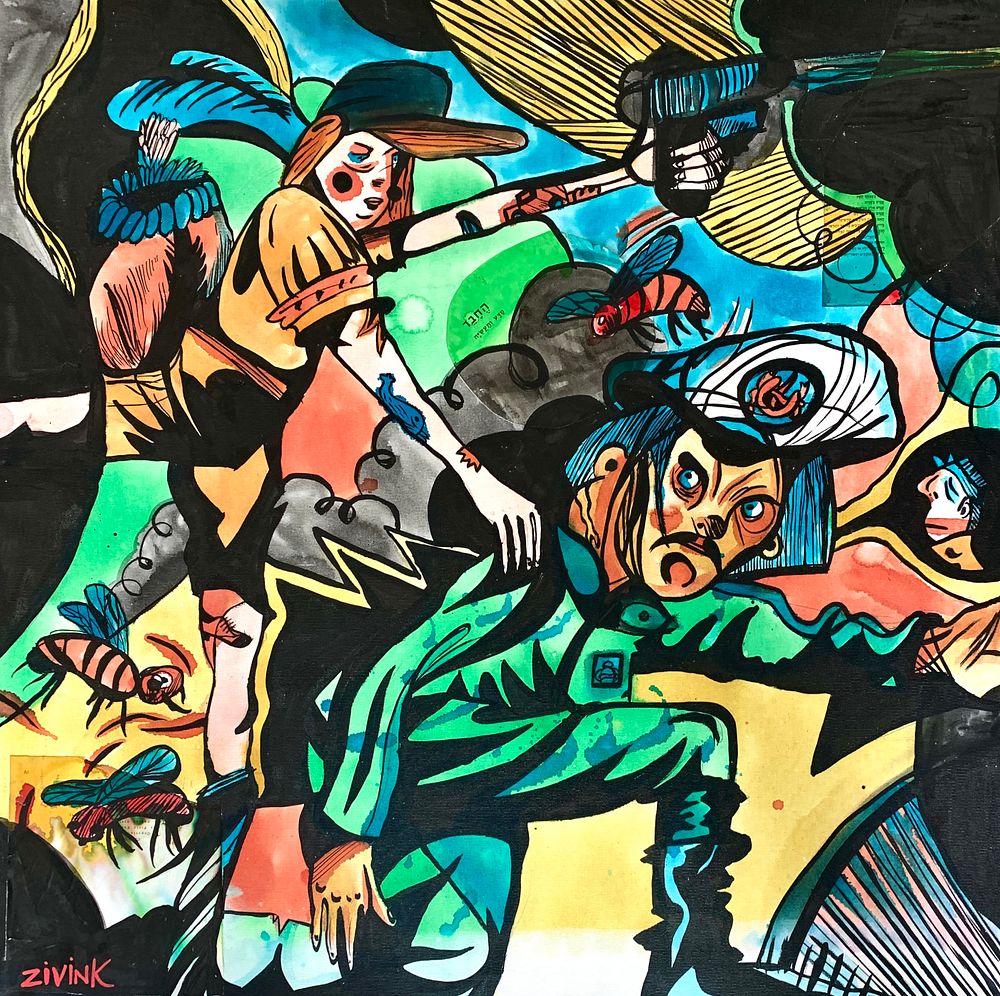 ZivInk - '''War Dance'' 2020. Acrylic, markers and watercolors on canvas 
80/80 cm 
Signed 
Ziv 