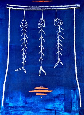 יעל בן דוד - ׳׳הדייג׳׳ 2020. בעבודה ׳׳הדייג׳׳ הדימוי מצטמצם לסימנים כמעט ילדותיים: שלדים של דגים 