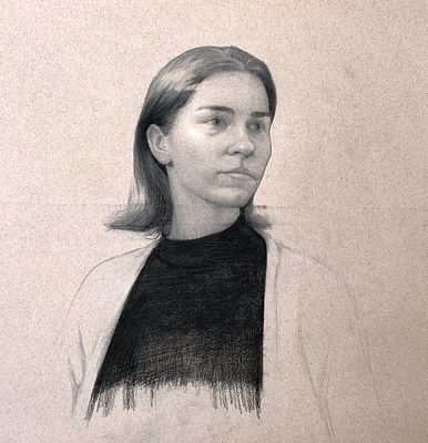 נועם לוי - ׳׳נסטיה בשחור׳׳ 2025. ברישום גדול ממדים זה מדגימה נועם לוי שליטה גבוהה במדיום הפחם 