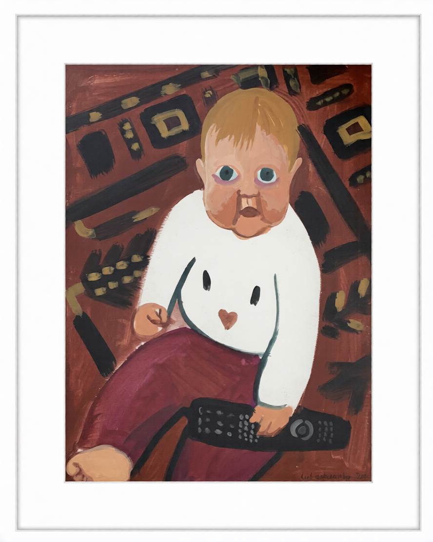 Anna Lukashevsky - Baby and a remote control, 2014. Gouache on paper framed 
47/35 cm 
Signed