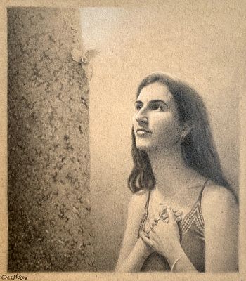 ארז פליסקוב - ׳׳מתגלה בפנים #2׳׳ 2026. ברישום השני משתנה איכות המבט. העיניים פקוחות, מורמות כלפי 