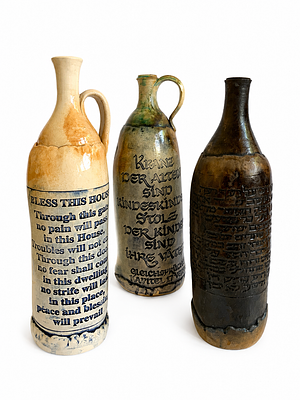 Rachel Kadmore - Three ceramic bottles with blessings in English, Hebrew, and German
. Three 