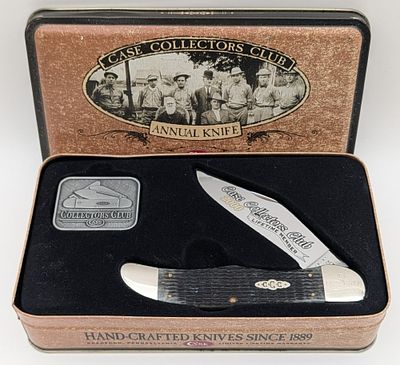 2000 Case XX Collector's Club Life Member Moss Green Bone Folding Hunter 6165 1/2 w/ Tin. Knife 