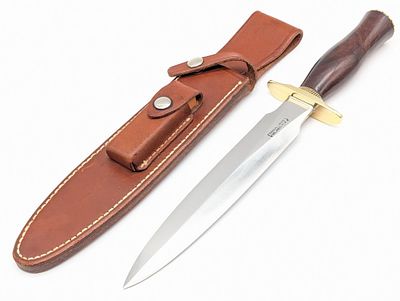 1980's Randall Model 2 8in Desert Ironwood Fighting Stiletto w/ Sheath. Features a brass 
