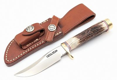 Randall Model 3 Mini Stag Hunter w/ Sheath. Knife is numbered #623 and features a brass single 