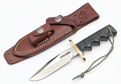Randall Model 14 Mini Attack Knife w/ Sheath. Knife is numbered 2248. Features a brass oblong 