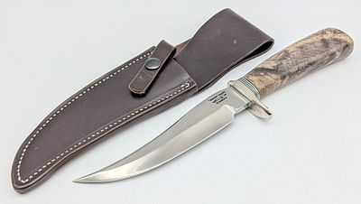 Hugh Wright Knives Green Burl Wood Trailing Point Skinner w/ Sheath. Features a large .25in 