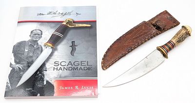 Original Unsigned William Scagel Crown Stag Hunting Knife w/ Sheath & Book. People would often 