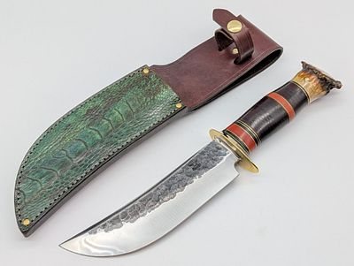 Jim Behring Treeman Pinned Crown Stag Bowie Knife w/ Green Gator Sheath. Features a large bowie 