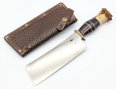 Mike Malosh Scagel Style Pinned Crown Stag Cleaver w/ Mosher Sheath. Features a large cleaver 