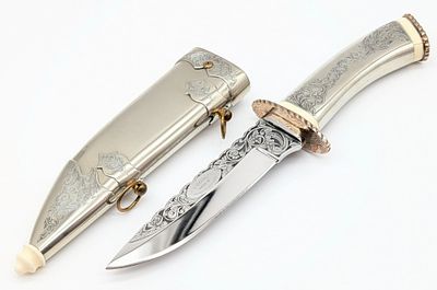 1999 Stephen Mackrill Custom Engraved Fixed Blade Knife w/ Scabbard. Features a mirror polished 