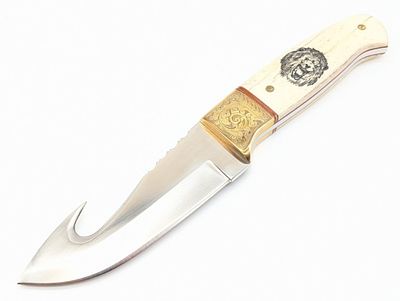 Stephen Mackrill Exotic Bone Scrimshaw Gut Hook Skinner. Features a gut hook blade with file 