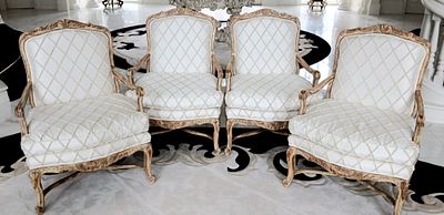 French Louis XV Style Armchairs Featuring Carved Wood Frame & White Fabric Upholstery. French 
