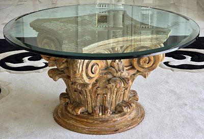 Vintage Italian Gilded Wood Coffee Table. 21" H x 42" Diameter Round Glass-Top Coffee Table 
