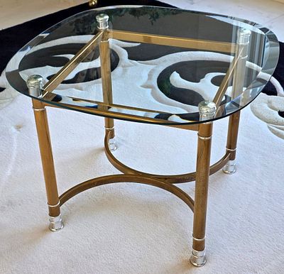 Vintage LaBarge Hollywood Regency Style Brass And Glass End Table. We believe this is from the 
