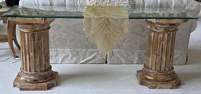 Ornate Neoclassical Console Table With Glass Top. Two Fluted Corinthian Architectural Columns 