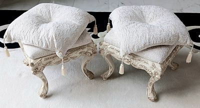 Pair of Rococo-Style Carved Wood Stools w/ Upholstered Seats. Each Stool Measures 20"H &times; 