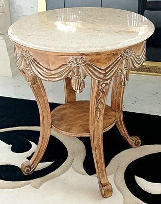 French-Style Carved Wood Occasional Table w/ Marble Top. Table Measures 27"H _ 24" Diameter