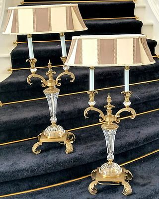 Pair of French Empire-Style Candelabra Table Lamps. Features Brass &amp; Crystal Components w/ 