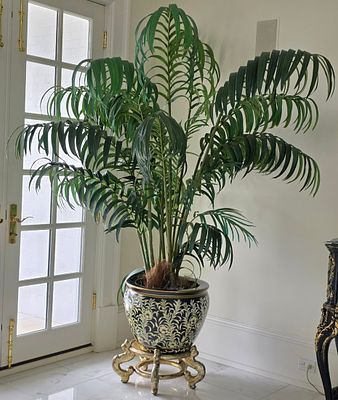 Chinese Porcelain Fishbowl Planter. Includes Planter With Faux Ferns 86" Tall x 24" Wide x 24" Deep.