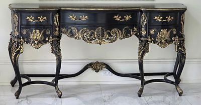 French-Style Black And Gold Console Table. 39 1/4" H x 77.5" L x 21.5" W Saginaw Furniture 