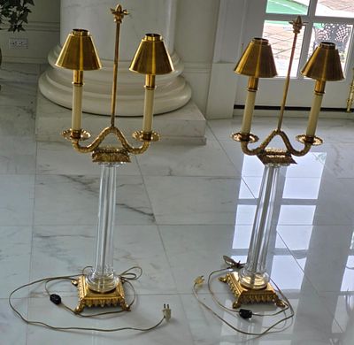 Pair of French Empire Style Glass/ Brass Candelabra Table Lamps. Includes 2 Lamps 34 1/8" Tall x 