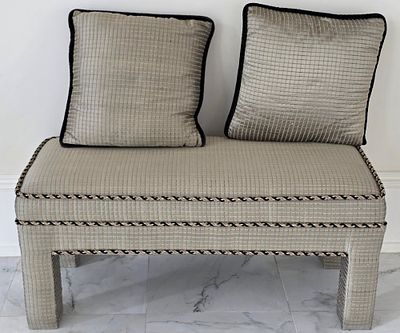 Upholstered Parsons-Style Bench Paired With Two Accent Pillows. 18" Height, 42" Long, 19" Wide. 