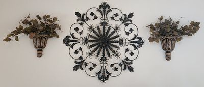 Old World Iron Floral Sunburst Wall Art With Sconces. Largest Piece Has A 50" Diameter. 2 