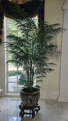 Faux Palm Asian Style Planter With Floral Motif. Base 25" Tall, With A 20" Diameter. Height With 