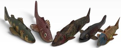 (5) Handmade Folk Art Wooden Fish Canvasback Ice Fishing/Spearing Decoys. Included are 5 