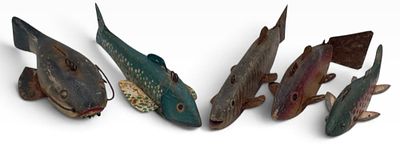 (5) Handmade Folk Art Wooden Fish Canvasback Ice Fishing/Spearing Decoys. Included are 5 