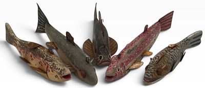 (5) Handmade Folk Art Wooden Fish Canvasback Ice Fishing/Spearing Decoys. Included are 5 