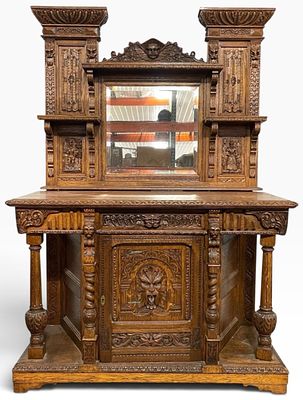 Antique Hand Carved Gothic/Renaissance Buffet w/ Mirror. Hand Carved Griffin, Knight, and More 